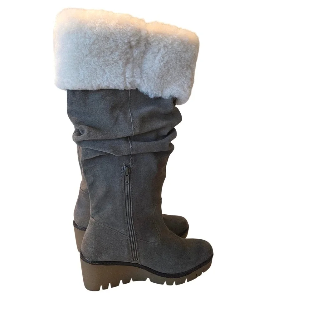 Vintage Foundry Co  Grey Leather Real Fur Trim Wedge Slouch Boots womens‎ 9 Boho